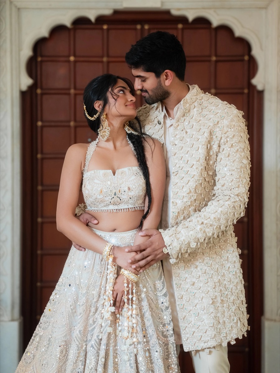 A couple in traditional Indian wedding attire, standing close and gazing into each other's eyes inside an ornately decorated room.